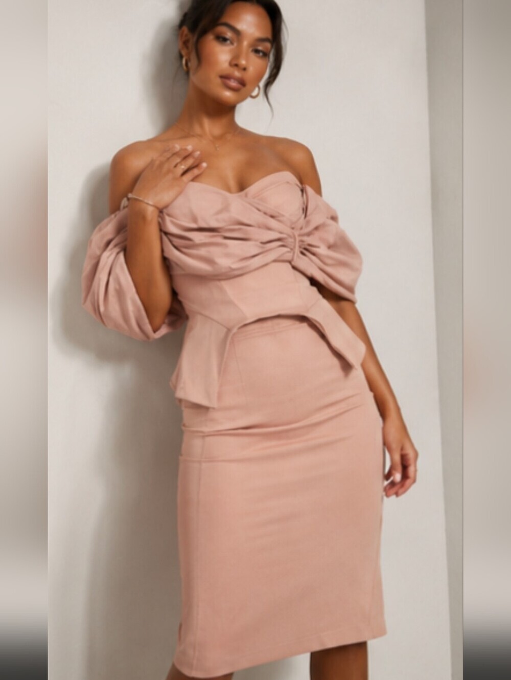 ASOS DESIGN Poplin Overlay Corseted Pencil Midi Dress Camel Mauve NWT Size 6